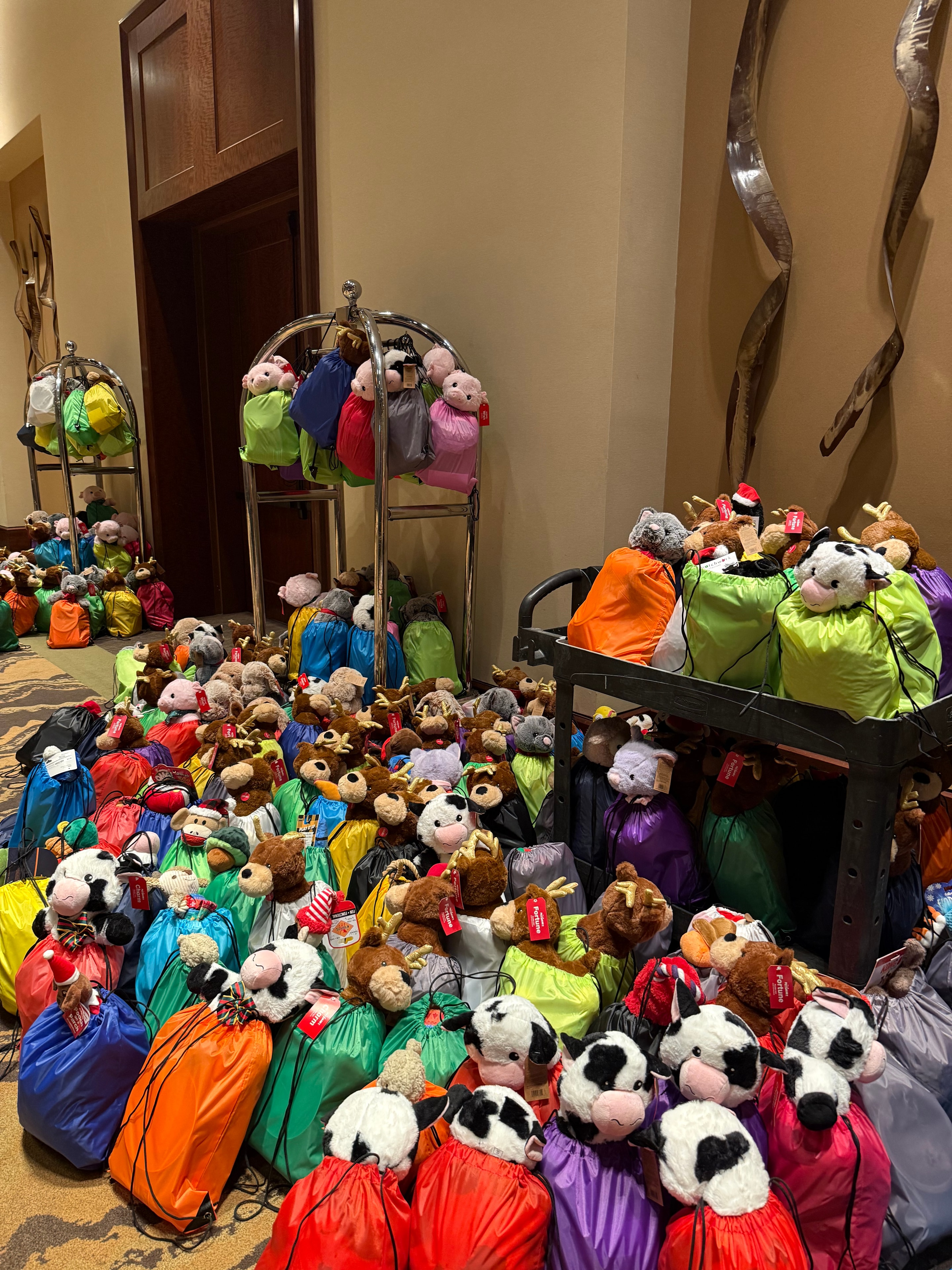 Stuffed animals dressed in colorful jackets display